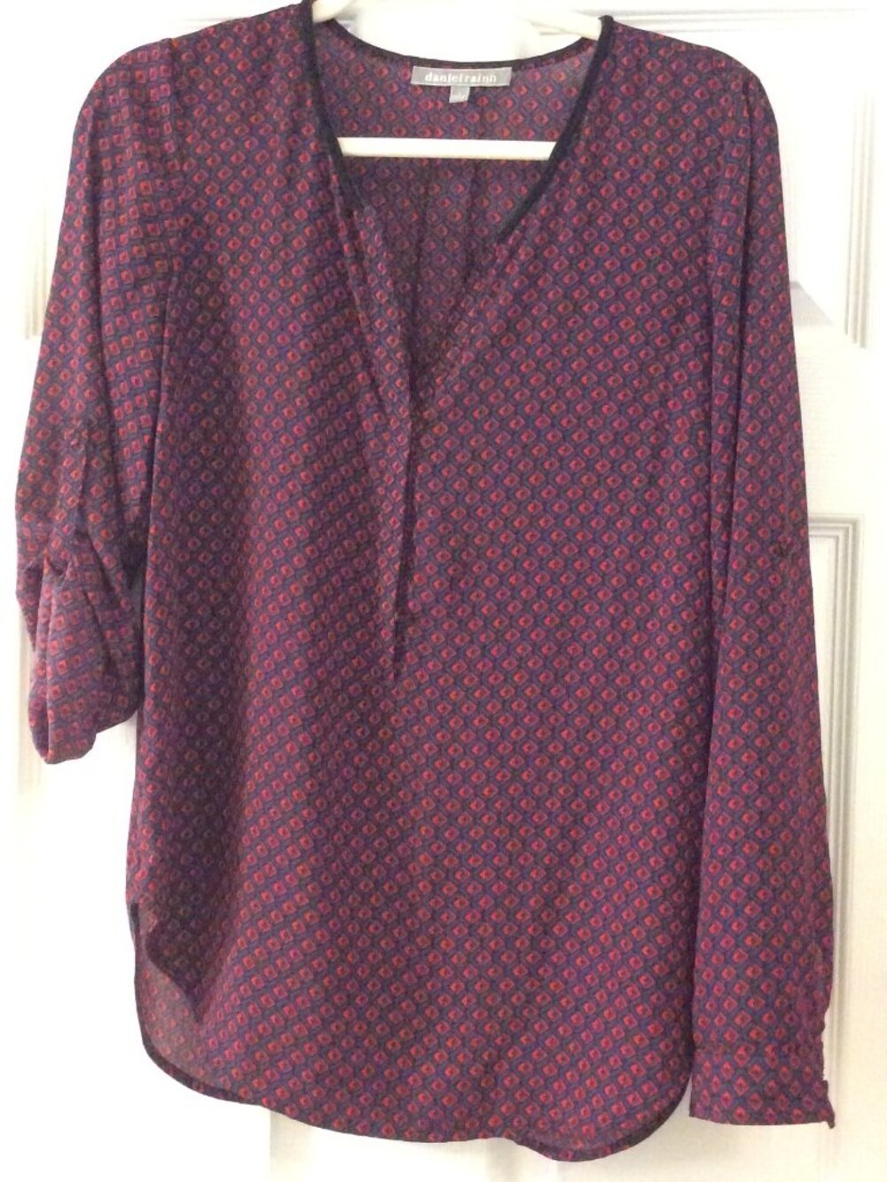 Daniel Rainn LS/Roll Sleeve Geometric Print Blouse, Braided Trim, S